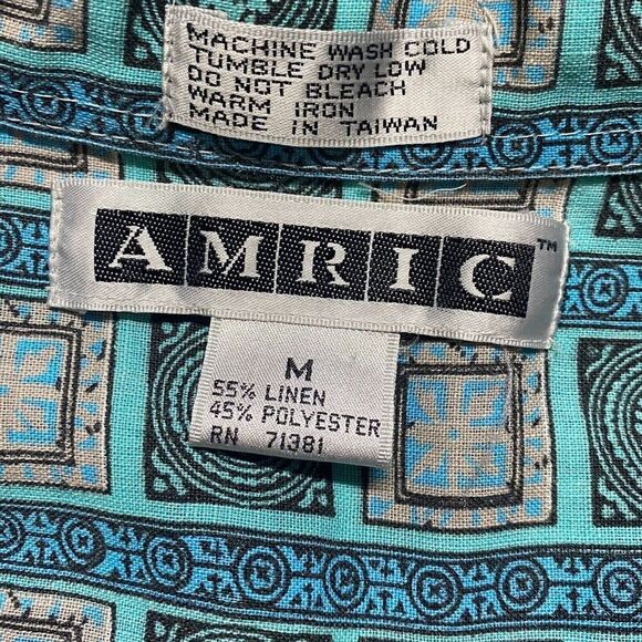 Vintage Geometric Linen Mens Amric Button Up Shirt Size M Blue Geometric Tribal - Picture 2 of 4